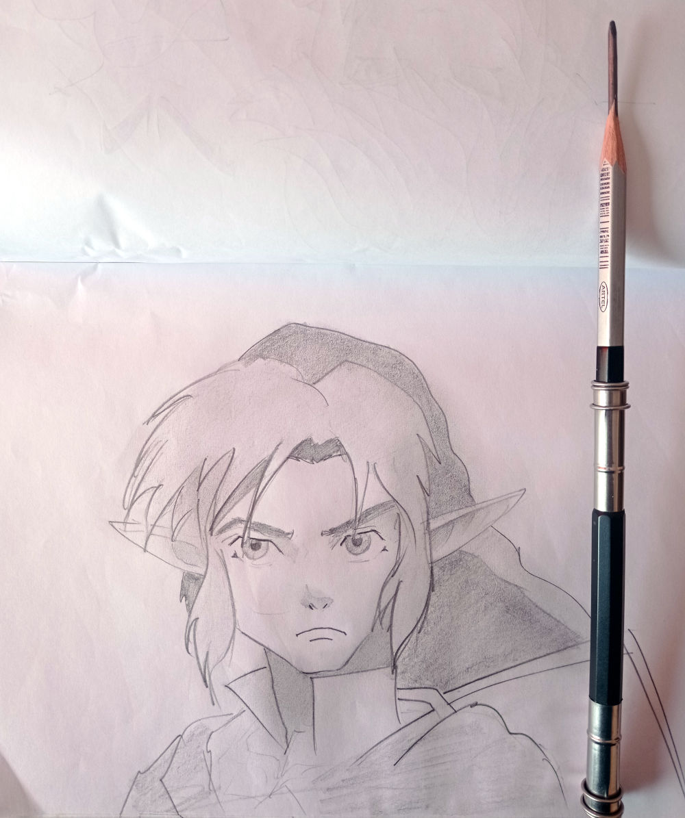 Dibujo a lápiz grafito de la cabeza de Link de The Legend of Zelda