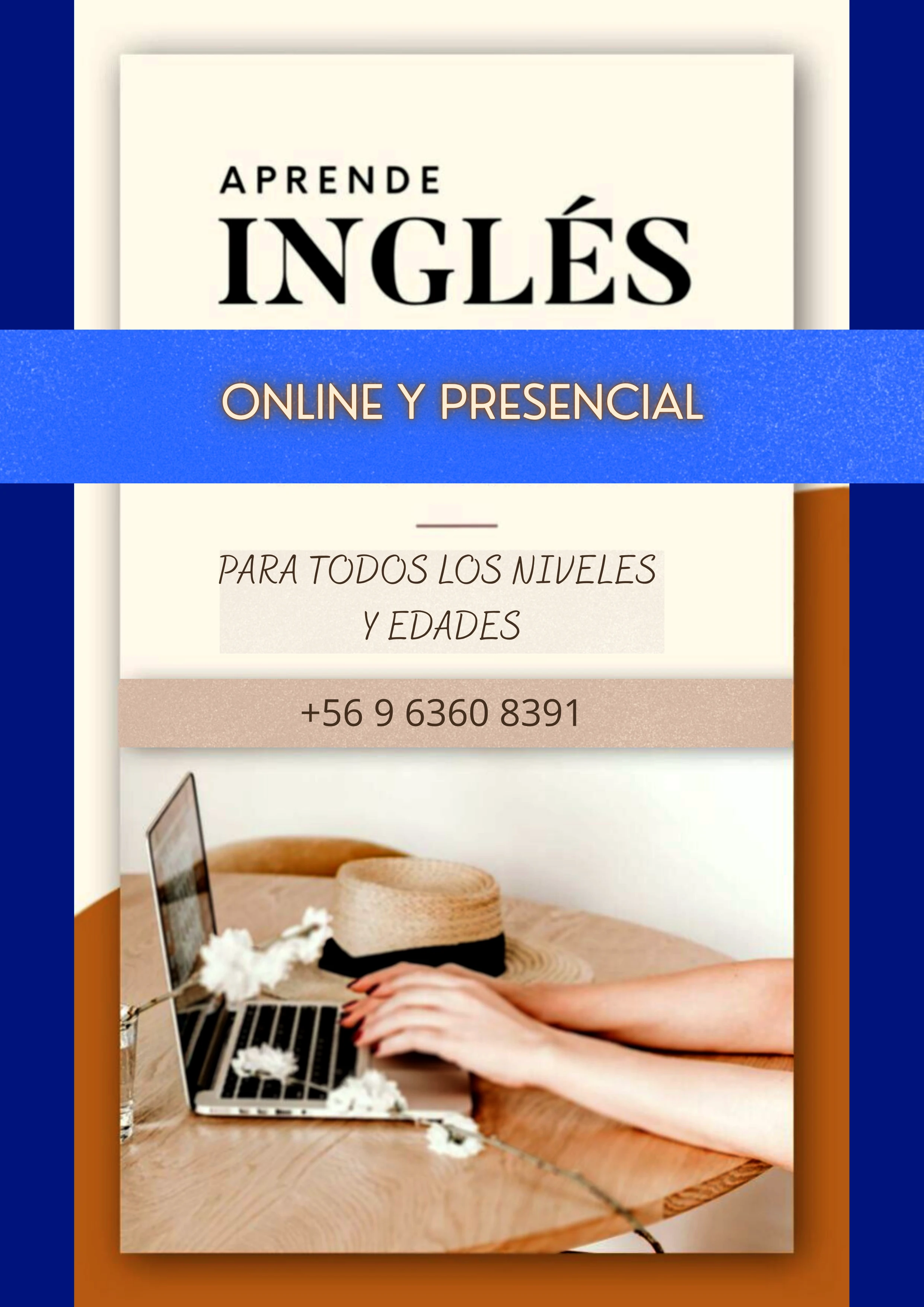 Afiche publicitario de clases de inglés presenciales y online para todos los niveles