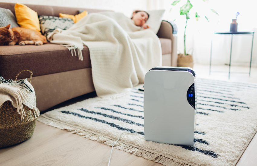 Deshumidificador funcionando en una sala de estar durante el invierno